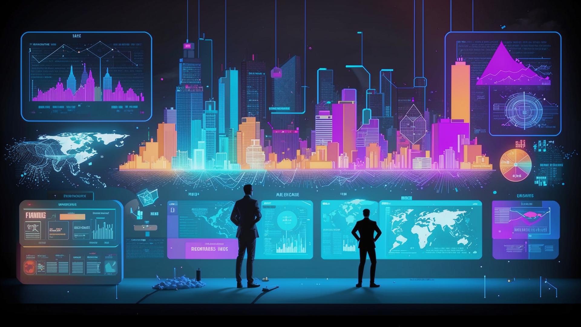 Stylized business industries with floating analytics overlays