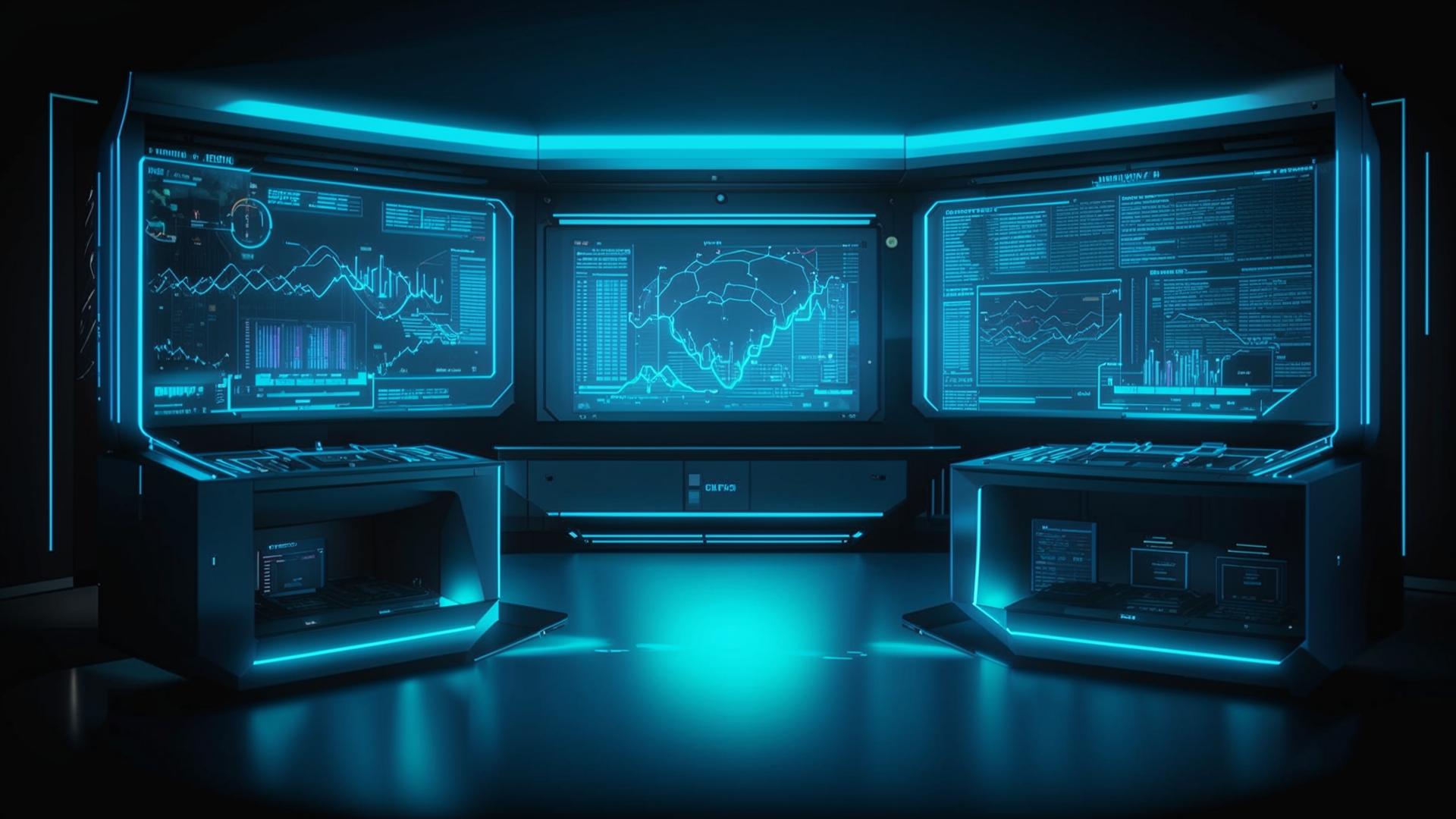 Stylized control room with floating analytics overlays